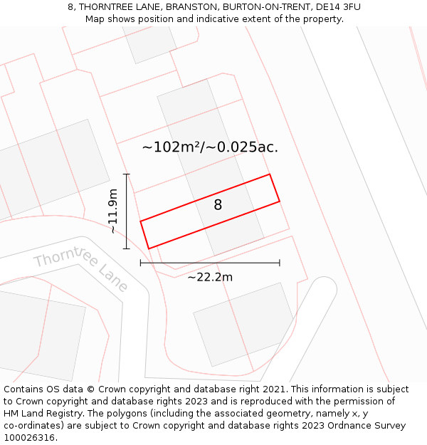 8, THORNTREE LANE, BRANSTON, BURTON-ON-TRENT, DE14 3FU: Plot and title map