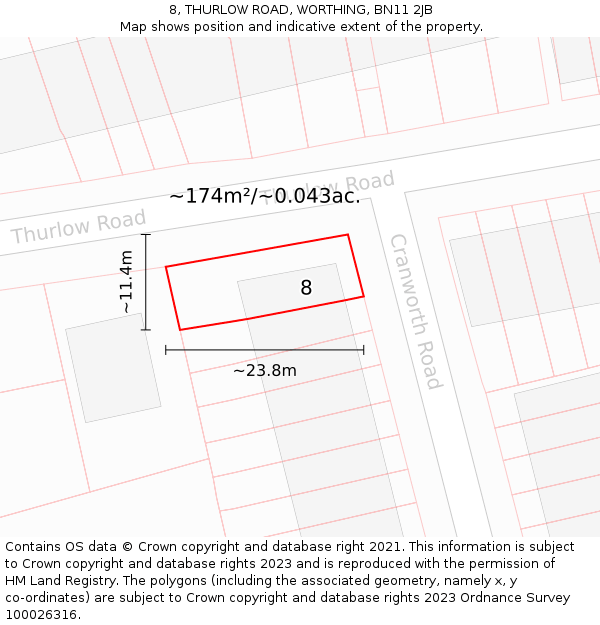 8, THURLOW ROAD, WORTHING, BN11 2JB: Plot and title map