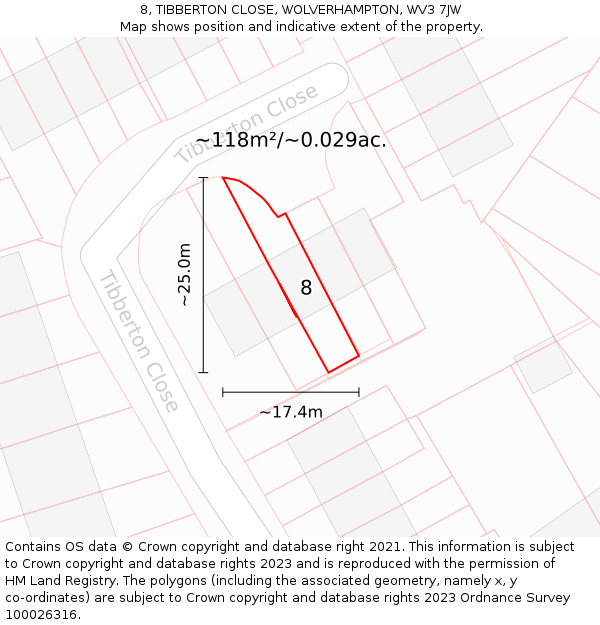 8, TIBBERTON CLOSE, WOLVERHAMPTON, WV3 7JW: Plot and title map