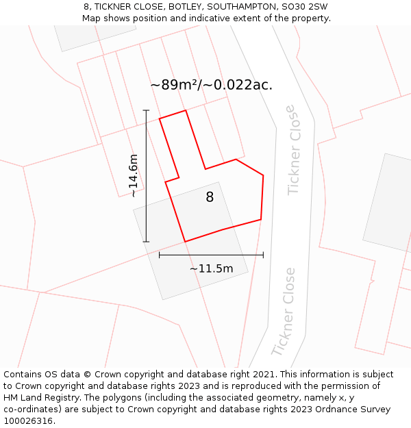 8, TICKNER CLOSE, BOTLEY, SOUTHAMPTON, SO30 2SW: Plot and title map