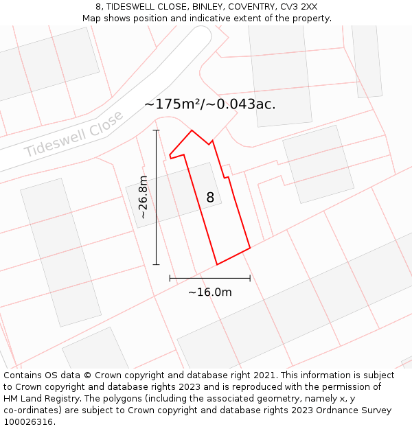 8, TIDESWELL CLOSE, BINLEY, COVENTRY, CV3 2XX: Plot and title map