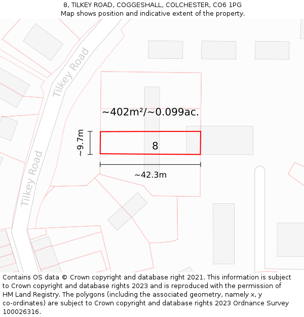 8, TILKEY ROAD, COGGESHALL, COLCHESTER, CO6 1PG: Plot and title map
