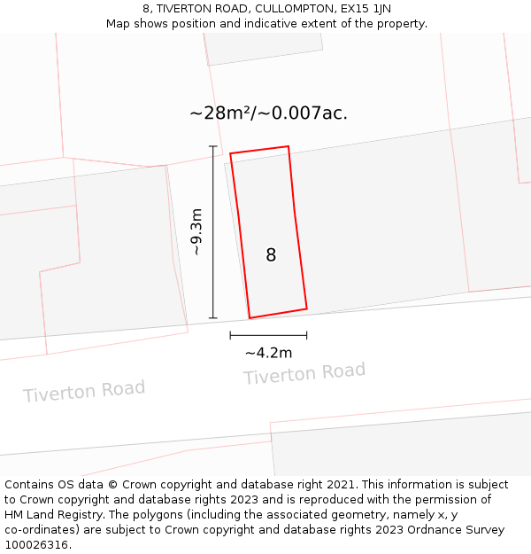 8, TIVERTON ROAD, CULLOMPTON, EX15 1JN: Plot and title map