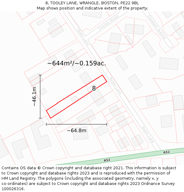 8, TOOLEY LANE, WRANGLE, BOSTON, PE22 9BL: Plot and title map