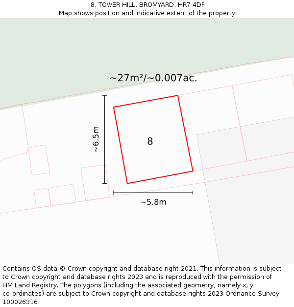 8, TOWER HILL, BROMYARD, HR7 4DF: Plot and title map