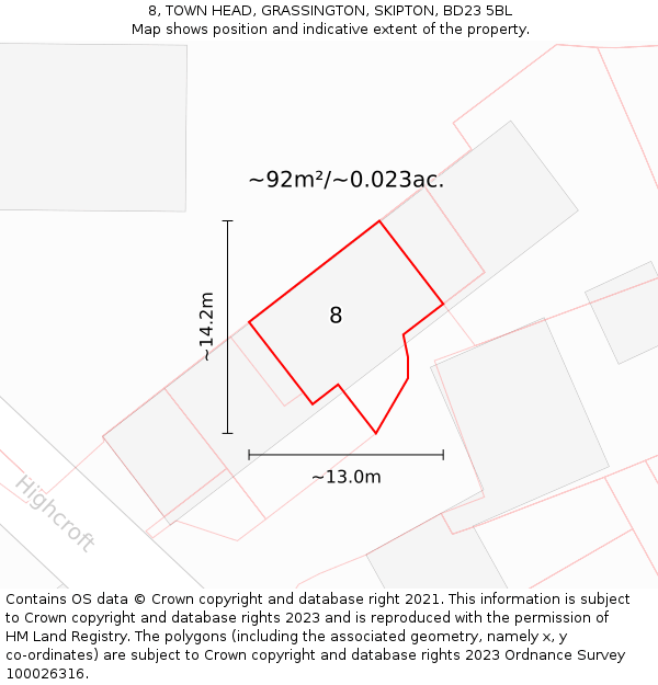 8, TOWN HEAD, GRASSINGTON, SKIPTON, BD23 5BL: Plot and title map