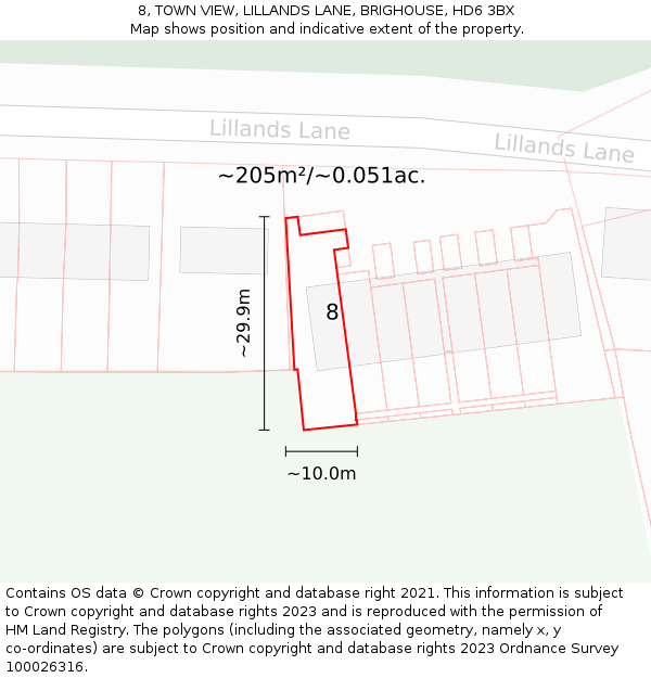 8, TOWN VIEW, LILLANDS LANE, BRIGHOUSE, HD6 3BX: Plot and title map