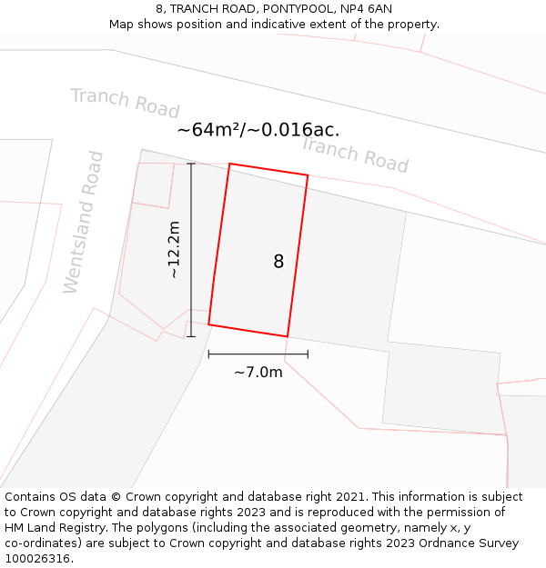8, TRANCH ROAD, PONTYPOOL, NP4 6AN: Plot and title map