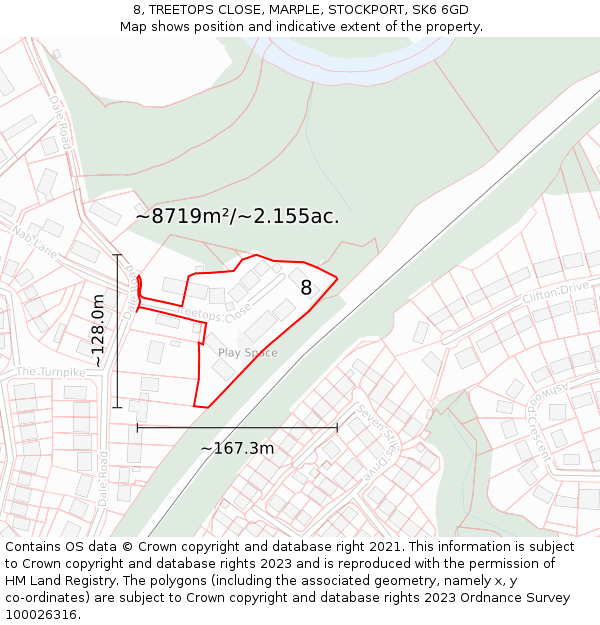 8, TREETOPS CLOSE, MARPLE, STOCKPORT, SK6 6GD: Plot and title map