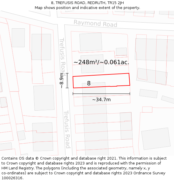 8, TREFUSIS ROAD, REDRUTH, TR15 2JH: Plot and title map