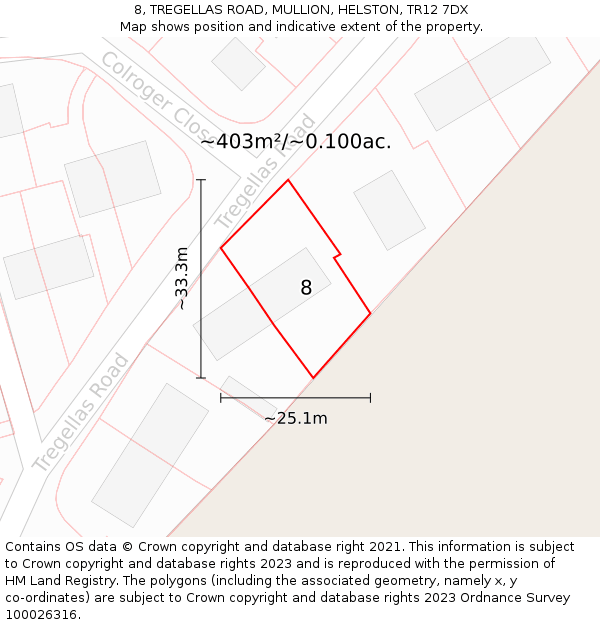 8, TREGELLAS ROAD, MULLION, HELSTON, TR12 7DX: Plot and title map