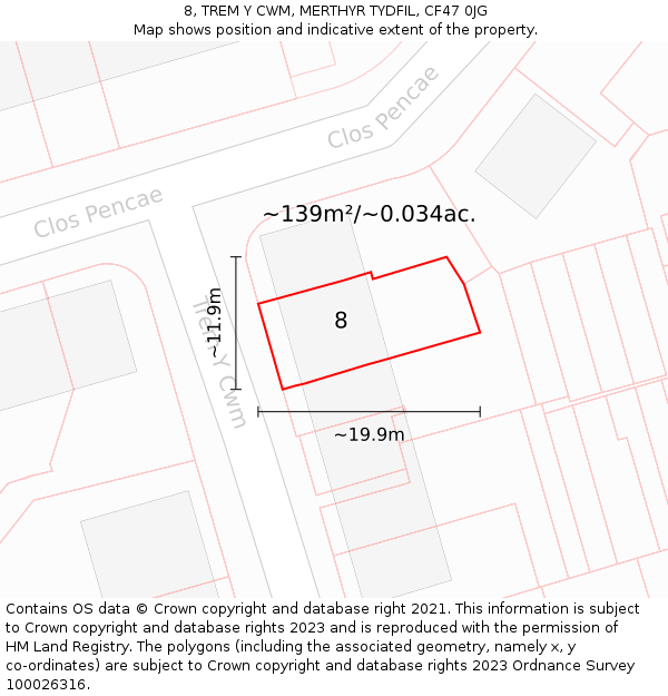 8, TREM Y CWM, MERTHYR TYDFIL, CF47 0JG: Plot and title map