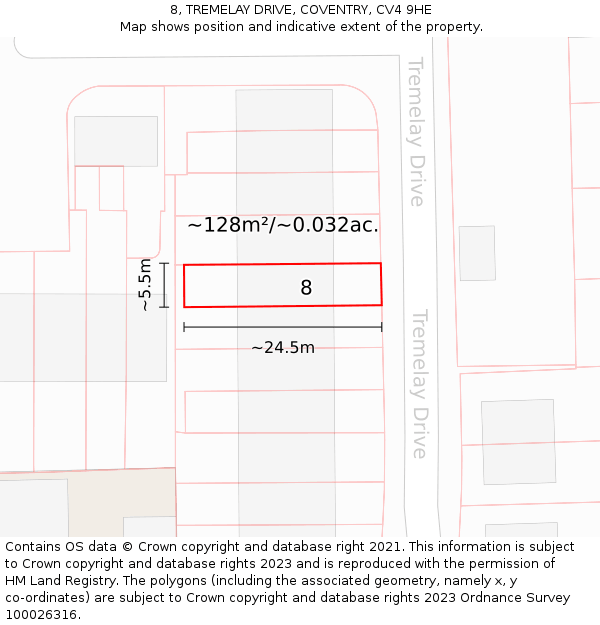 8, TREMELAY DRIVE, COVENTRY, CV4 9HE: Plot and title map