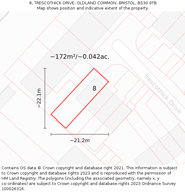 8, TRESCOTHICK DRIVE, OLDLAND COMMON, BRISTOL, BS30 9TB: Plot and title map