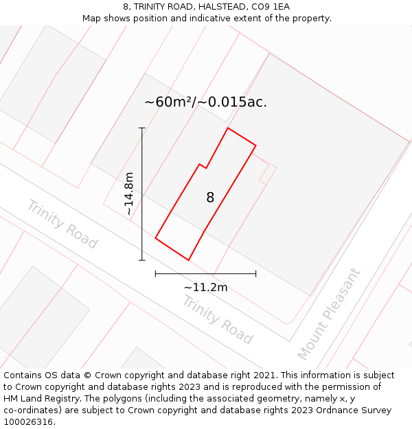 8, TRINITY ROAD, HALSTEAD, CO9 1EA: Plot and title map