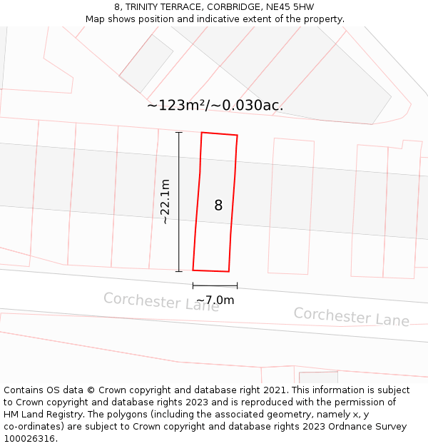 8, TRINITY TERRACE, CORBRIDGE, NE45 5HW: Plot and title map