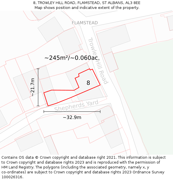 8, TROWLEY HILL ROAD, FLAMSTEAD, ST ALBANS, AL3 8EE: Plot and title map