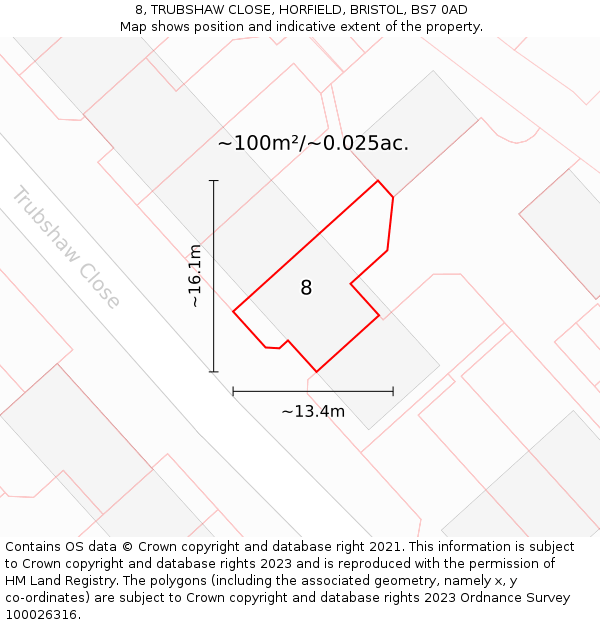 8, TRUBSHAW CLOSE, HORFIELD, BRISTOL, BS7 0AD: Plot and title map