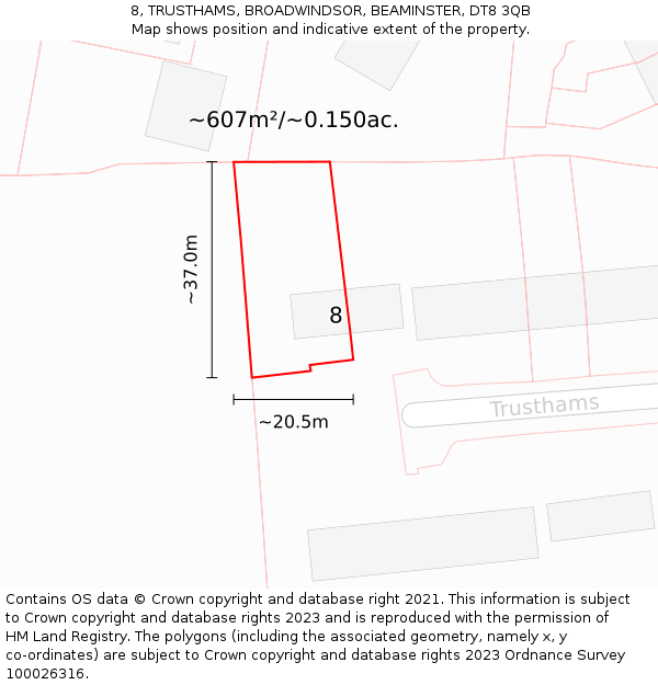 8, TRUSTHAMS, BROADWINDSOR, BEAMINSTER, DT8 3QB: Plot and title map