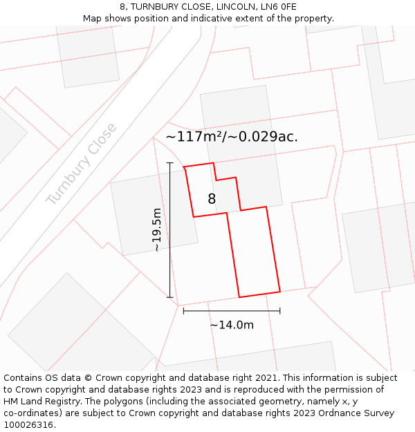 8, TURNBURY CLOSE, LINCOLN, LN6 0FE: Plot and title map