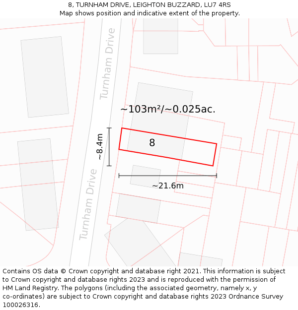8, TURNHAM DRIVE, LEIGHTON BUZZARD, LU7 4RS: Plot and title map