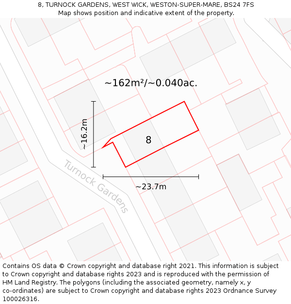 8, TURNOCK GARDENS, WEST WICK, WESTON-SUPER-MARE, BS24 7FS: Plot and title map