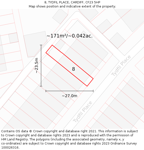 8, TYDFIL PLACE, CARDIFF, CF23 5HP: Plot and title map