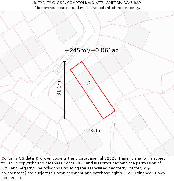 8, TYRLEY CLOSE, COMPTON, WOLVERHAMPTON, WV6 8AP: Plot and title map