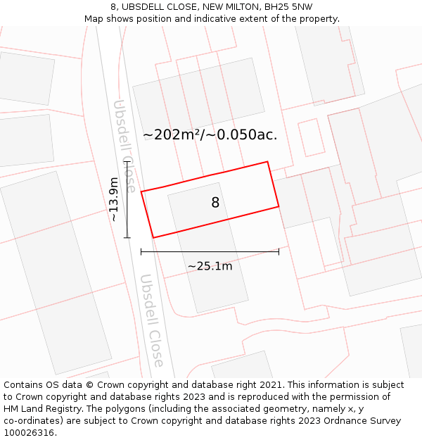 8, UBSDELL CLOSE, NEW MILTON, BH25 5NW: Plot and title map