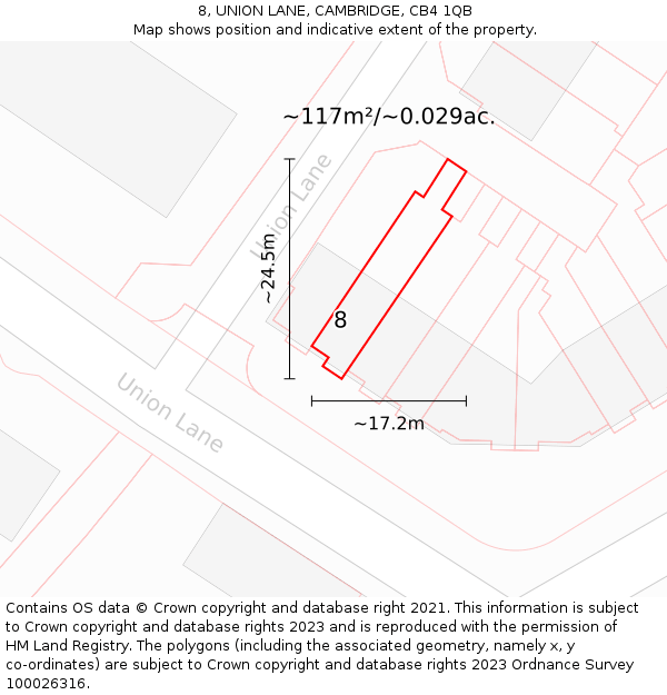 8, UNION LANE, CAMBRIDGE, CB4 1QB: Plot and title map