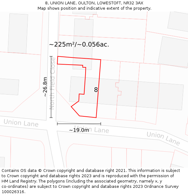 8, UNION LANE, OULTON, LOWESTOFT, NR32 3AX: Plot and title map