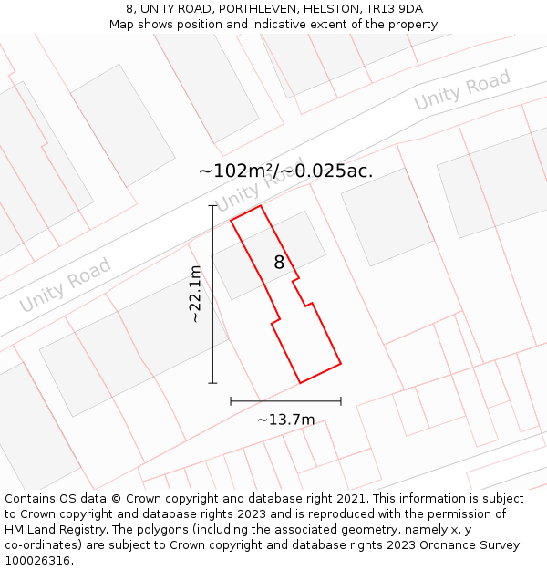 8, UNITY ROAD, PORTHLEVEN, HELSTON, TR13 9DA: Plot and title map