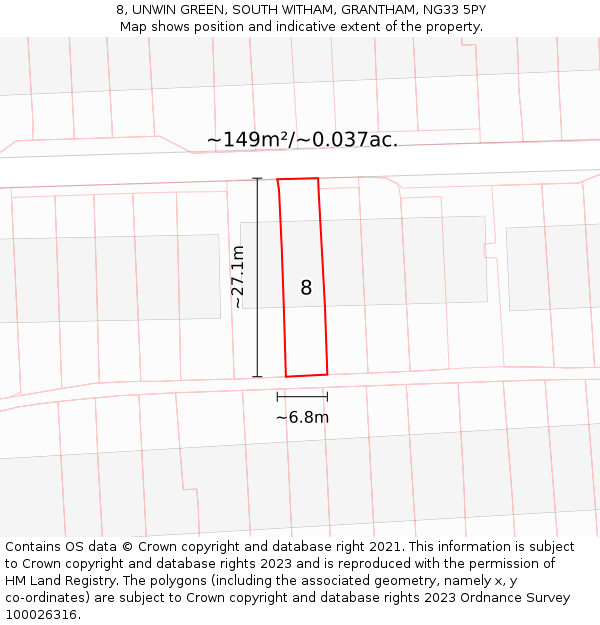 8, UNWIN GREEN, SOUTH WITHAM, GRANTHAM, NG33 5PY: Plot and title map
