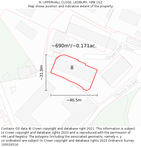8, UPPERHALL CLOSE, LEDBURY, HR8 1SZ: Plot and title map