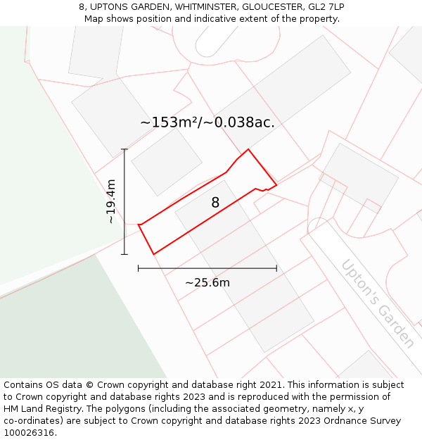 8, UPTONS GARDEN, WHITMINSTER, GLOUCESTER, GL2 7LP: Plot and title map