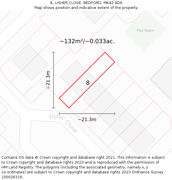 8, USHER CLOSE, BEDFORD, MK42 9DA: Plot and title map