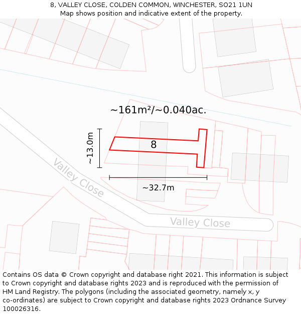 8, VALLEY CLOSE, COLDEN COMMON, WINCHESTER, SO21 1UN: Plot and title map