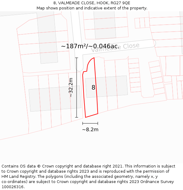 8, VALMEADE CLOSE, HOOK, RG27 9QE: Plot and title map