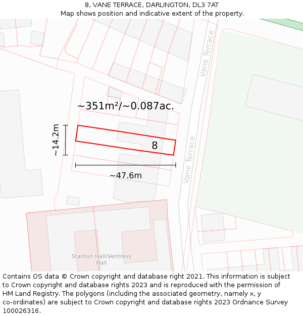 8, VANE TERRACE, DARLINGTON, DL3 7AT: Plot and title map
