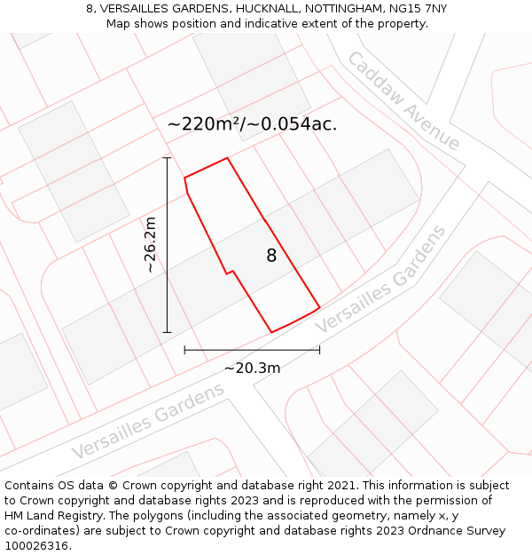 8, VERSAILLES GARDENS, HUCKNALL, NOTTINGHAM, NG15 7NY: Plot and title map