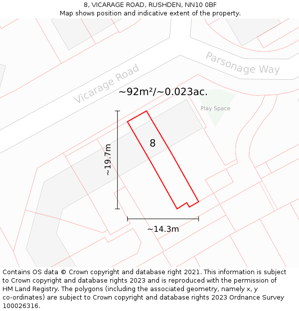 8, VICARAGE ROAD, RUSHDEN, NN10 0BF: Plot and title map