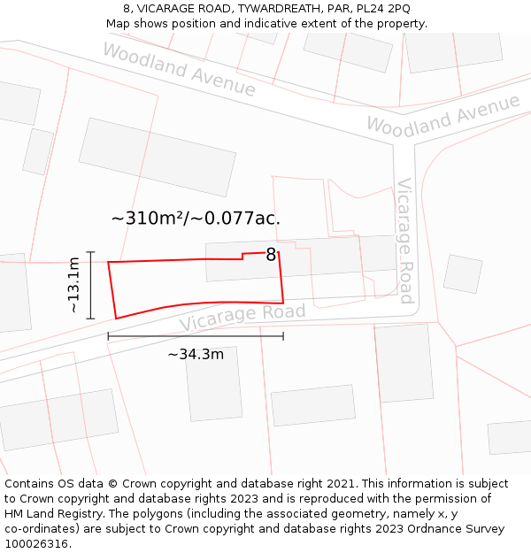 8, VICARAGE ROAD, TYWARDREATH, PAR, PL24 2PQ: Plot and title map