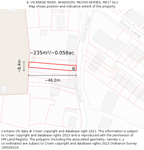 8, VICARAGE ROAD, WHADDON, MILTON KEYNES, MK17 0LU: Plot and title map