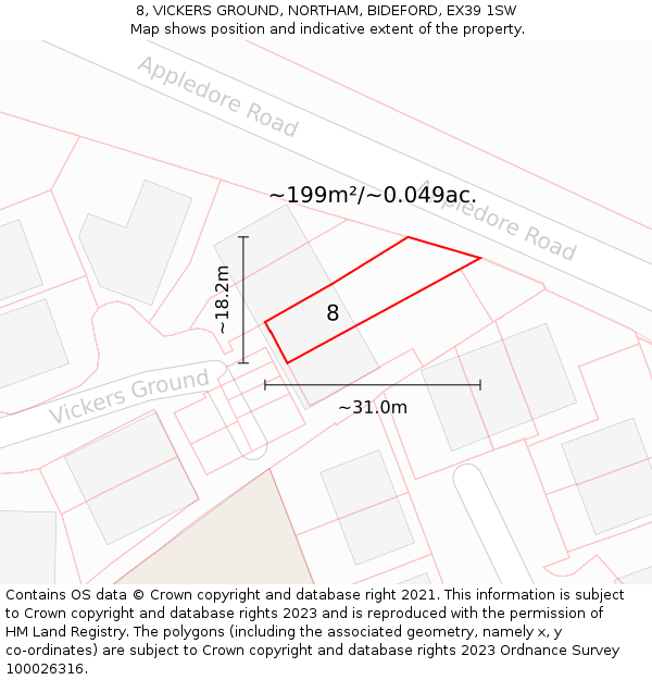 8, VICKERS GROUND, NORTHAM, BIDEFORD, EX39 1SW: Plot and title map