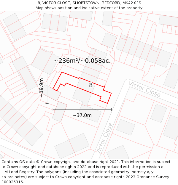 8, VICTOR CLOSE, SHORTSTOWN, BEDFORD, MK42 0FS: Plot and title map