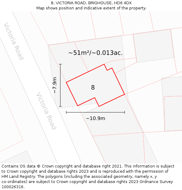 8, VICTORIA ROAD, BRIGHOUSE, HD6 4DX: Plot and title map