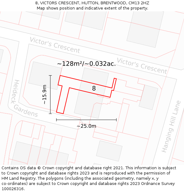 8, VICTORS CRESCENT, HUTTON, BRENTWOOD, CM13 2HZ: Plot and title map