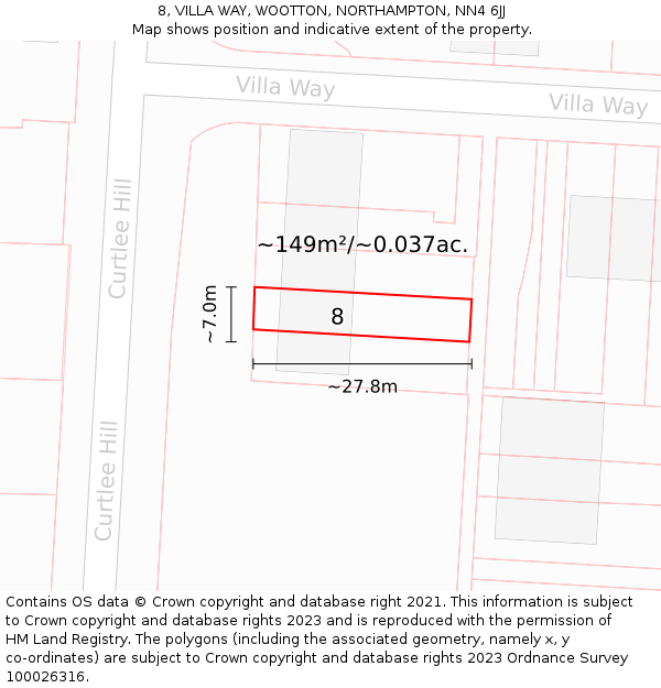 8, VILLA WAY, WOOTTON, NORTHAMPTON, NN4 6JJ: Plot and title map