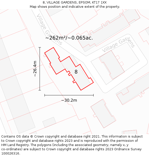8, VILLAGE GARDENS, EPSOM, KT17 1XX: Plot and title map