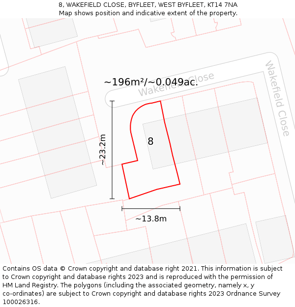 8, WAKEFIELD CLOSE, BYFLEET, WEST BYFLEET, KT14 7NA: Plot and title map